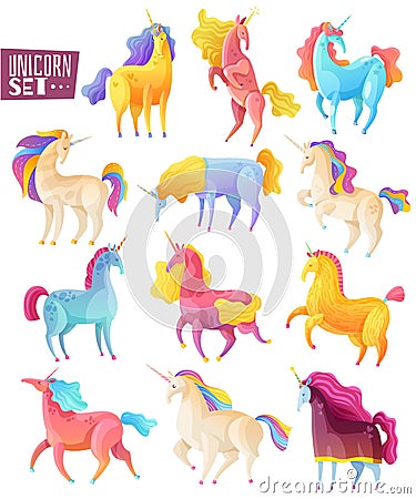 Unicorn Colored Set Vector Illustration