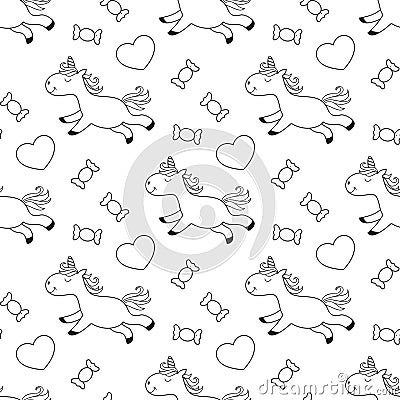 Unicorn coloring page with sweets for kids Vector Illustration