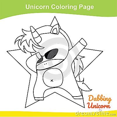 Unicorn coloring worksheet page. Coloring dabbing unicorn worksheet page. Educational printable coloring worksheet. Vector Illustration