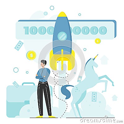 Unicorn company or unicorn startup, rocket launch, venture capital industry, vector illustration. Vector Illustration