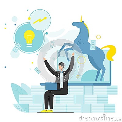Unicorn company or unicorn startup, successful business, venture capital industry, vector illustration. Vector Illustration