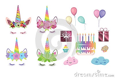 Unicorn constructor for birthday with unicorn faces, different spring flowers Vector Illustration