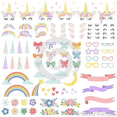Unicorn constructor. Pony mane styling bundle, unicorns horn and party star glasses. Flowers, magic rainbow and head Vector Illustration