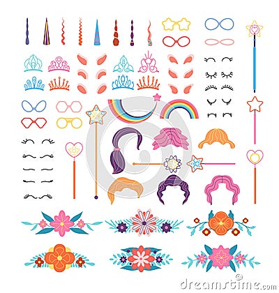 Unicorn constructor. Stylish pony details. Horns, mane and eyelashes, ears and crowns, glasses. Flowers and magic wand Vector Illustration