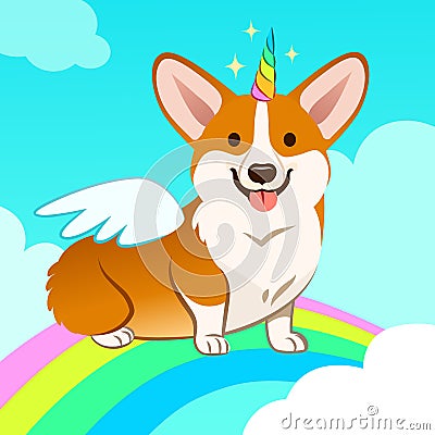 Unicorn corgi dog with horn and wings vector cartoon illustration. Cute corgi puppy in the sky with rainbow and clouds, smiling w Cartoon Illustration