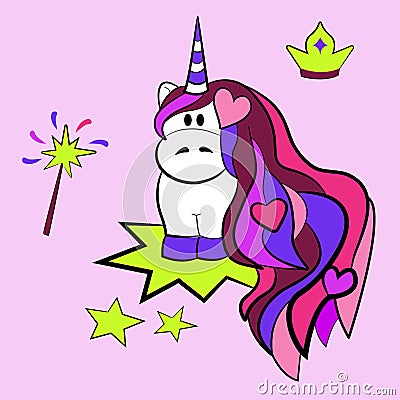 Unicorn with Crown and wand Vector Illustration