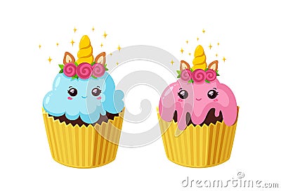 Unicorn cupcakes with icing. Kawaii fairy cakes in paper cup. Tasty desserts with horn and eyes. Vector illustration in Vector Illustration