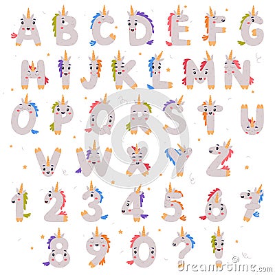 Unicorn Cute Alphabet Letter Characters and Numbers with Smiling Face and Horns Vector Set Vector Illustration