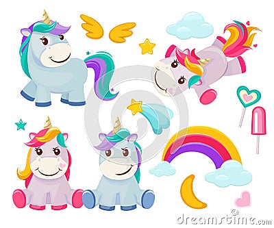 Unicorn. Cute magic animals happy birthday symbols little pony baby horse vector colored cartoon pictures Vector Illustration