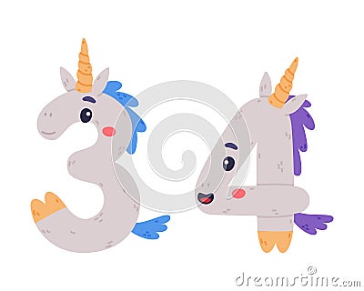 Unicorn Cute Number Three and Four with Smiling Face and Twisted Horn Vector Set Vector Illustration