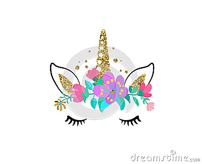 Unicorn cute vector illustration isolated on white background. Fashion girl patch with horse head, golden horn, ears Vector Illustration