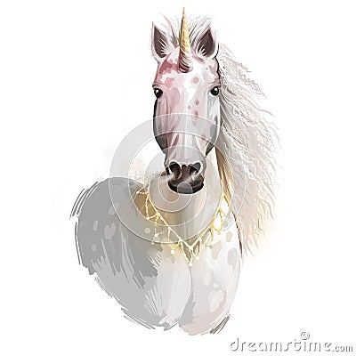 Unicorn digital art illustration isolated on white background. Legendary ancient mythological crature, fairy-tale Cartoon Illustration