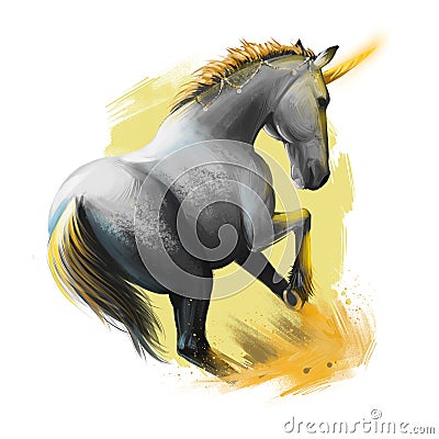 Unicorn digital art illustration isolated on white background. Legendary ancient mythological crature, fairy-tale dreamlike animal Cartoon Illustration