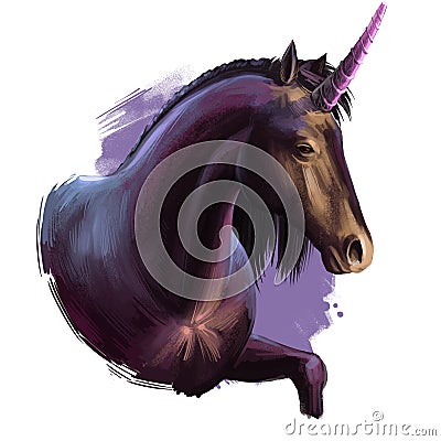 Unicorn digital art illustration isolated on white background. Legendary ancient mythological crature, fairy-tale dreamlike animal Cartoon Illustration