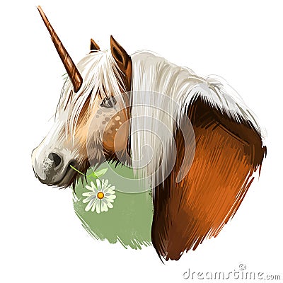 Unicorn digital art illustration isolated on white background. Legendary ancient mythological crature, fairy-tale dreamlike animal Cartoon Illustration