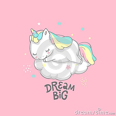 Unicorn Dream Big Fairy Poster Vector Template. Magic Inspirational Watercolor Print Template with Little Horn Pony Vector Illustration