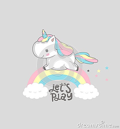 Unicorn Dream Big Rainbow Magic Poster Design. Fairy Inspirational Child Print Template with Little Horn Pony Run above Vector Illustration