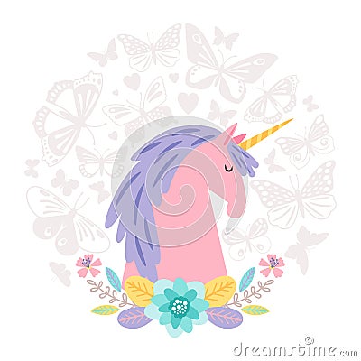 Unicorn dream flat on round background with butterfly Vector Illustration