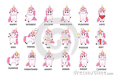 Unicorn emoji set. Vector Illustration