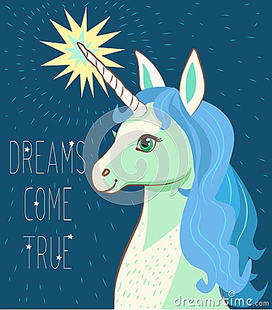 Unicorn Face. Cartoon Vector. Motivation Card With Stars, Decor Elements, Cute Unicorn And Text Dreams Come True. Vector Illustration