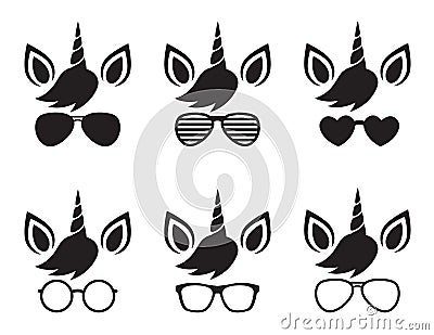 Unicorn Face Wearing Glasses and Sunglasses Silhouette Vector Vector Illustration