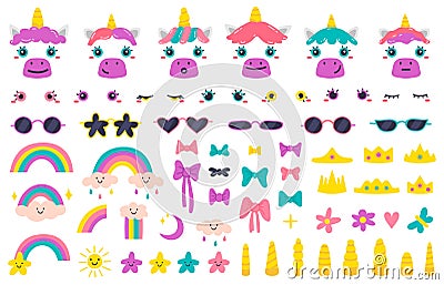 Unicorn faces. Cute fairytale unicorn face constructor, unicorn horns, hairstyle, glasses and bows. Pony unicorn face Vector Illustration