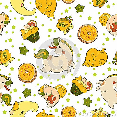 Unicorn Fairy doughnut cupcake fantasy doodle Kawaii cartoons Seamless pattern vector with Lemon yellow green tone Stock Photo