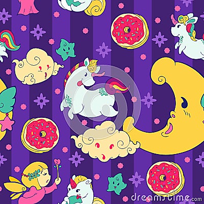 à¹ŠUnicorn Fairy doughnut cupcake fantasy doodle Kawaii cartoons Seamless pattern with vivid pastel tone Stock Photo