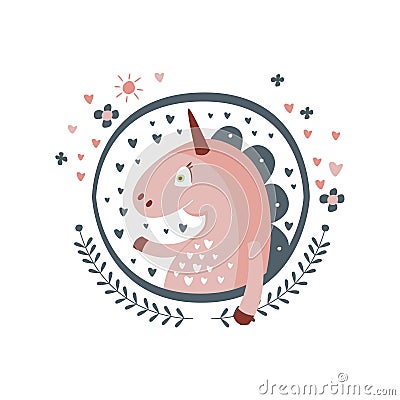 Unicorn Fairy Tale Character Girly Sticker In Round Frame Vector Illustration