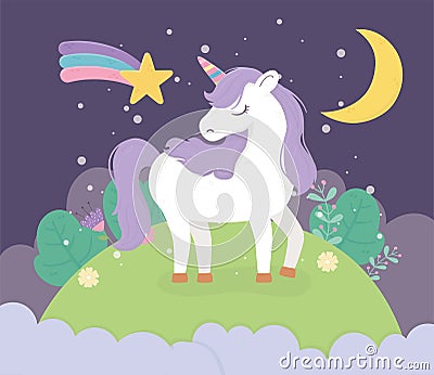 Unicorn field moon night star fantasy magic dream cute cartoon Vector Illustration