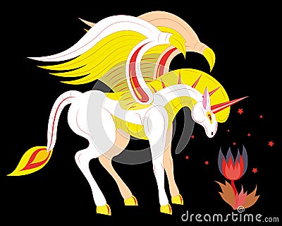 Unicorn and fiery flower. Cartoon Illustration