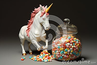 unicorn figurine with marshmallows spilled from a candy jar Stock Photo