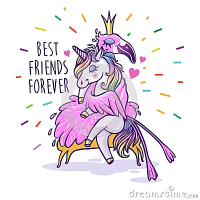 Unicorn with flamingo. Best friends forever. Vector greeting car Stock Photo