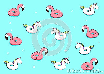 Unicorn and flamingo cartoon inflatable pool ring illustrations. Vector pattern design with cheerful hand draw characters Vector Illustration