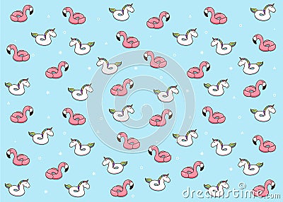 Unicorn and flamingo cartoon inflatable pool ring illustrations. Vector pattern design with cheerful hand draw characters Vector Illustration