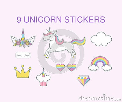 9 unicorn flat stickers, typographic vector design Vector Illustration