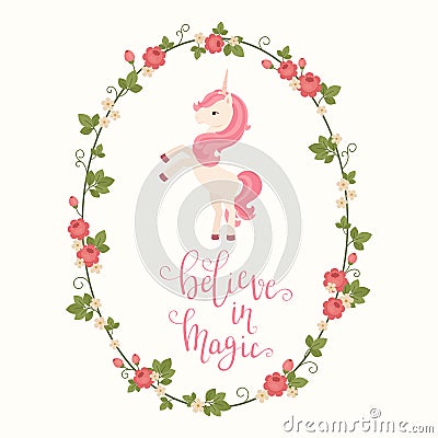 Unicorn in a floral frame and hand lettering Vector Illustration