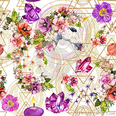 Unicorn, flowers, gem stones, golden geometric circles and magic triangles. Magical watercolor Stock Photo