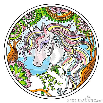 Unicorn in flowers round color vector illustration Cartoon Illustration