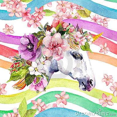 Unicorn, flowers. Seamless rainbow pattern. Floral watercolor repeated background in pastel colors Stock Photo