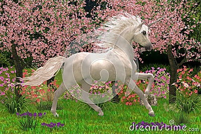 Unicorn and Forest with Flowering Cherry Trees Stock Photo