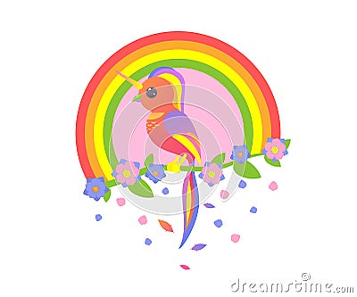 Unicorn in the form of a beautiful bird sitting on a branch a tree with flowers Cartoon Illustration