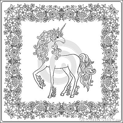 Unicorn in the frame, arabesque in the royal, medieval style. Ou Vector Illustration