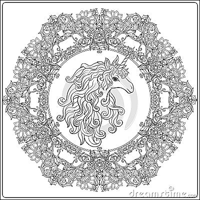 Unicorn in the frame, arabesque in the royal, medieval style. Ou Vector Illustration
