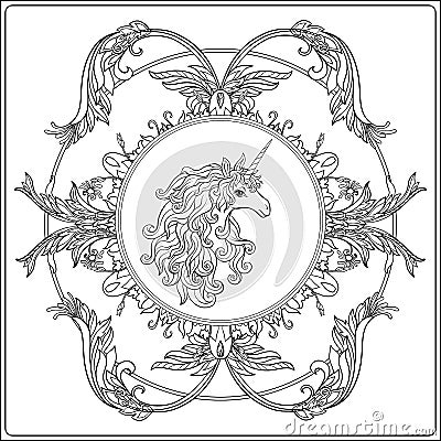 Unicorn in the frame, arabesque in the royal, medieval style. Ou Vector Illustration