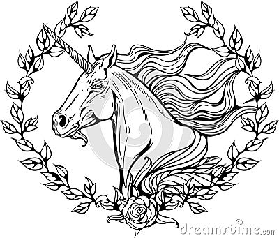Unicorn in frame of flower branches. Vector Illustration