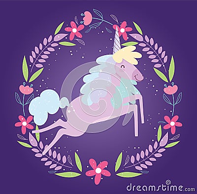 Unicorn frame flowers fantasy magic cute cartoon Vector Illustration