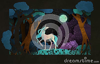 Unicorn in front of magic forest, night sky clouds and moon. Fairy tale illustration Vector Illustration