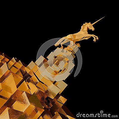 Unicorn on gold cube mountain . start up, illustration concept of leader on a market.3d rendering. 3d illustration. Cartoon Illustration