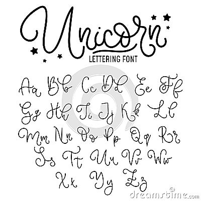 Unicorn hand drawn font design. Cute alphabet with flourish details. Vector unicorn alphabet Vector Illustration